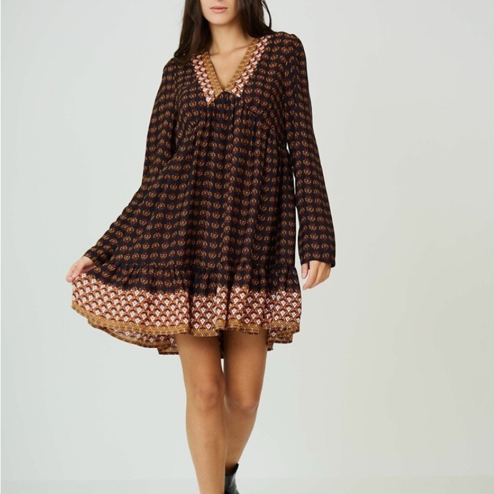 SEE U SOON by Anthropology Bohemian Black & Mustard V-Neck Long Sleeve Dress 10
